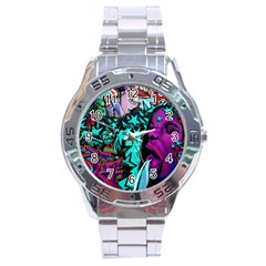 Graffiti Woman And Monsters Turquoise Cyan And Purple Bright Urban Art With Stars Stainless Steel Analogue Watch by genx