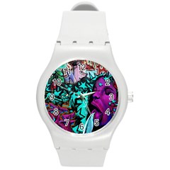 Graffiti Woman And Monsters Turquoise Cyan And Purple Bright Urban Art With Stars Round Plastic Sport Watch (m) by genx