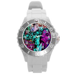 Graffiti Woman And Monsters Turquoise Cyan And Purple Bright Urban Art With Stars Round Plastic Sport Watch (l) by genx