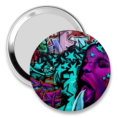 Graffiti Woman And Monsters Turquoise Cyan And Purple Bright Urban Art With Stars 3  Handbag Mirrors by genx