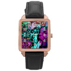 Graffiti Woman And Monsters Turquoise Cyan And Purple Bright Urban Art With Stars Rose Gold Leather Watch  by genx