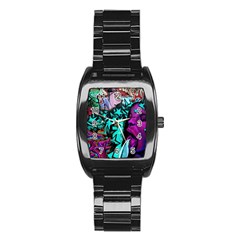 Graffiti Woman And Monsters Turquoise Cyan And Purple Bright Urban Art With Stars Stainless Steel Barrel Watch by genx