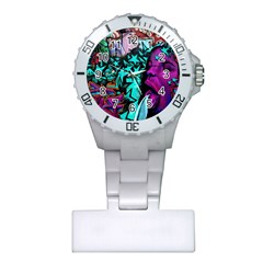 Graffiti Woman And Monsters Turquoise Cyan And Purple Bright Urban Art With Stars Plastic Nurses Watch by genx