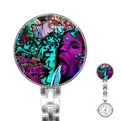 Graffiti Woman And Monsters Turquoise Cyan And Purple Bright Urban Art With Stars Stainless Steel Nurses Watch by genx