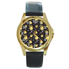 Doge Much Thug Wow Pattern Funny Kekistan Meme Dog Black Background Round Gold Metal Watch by snek