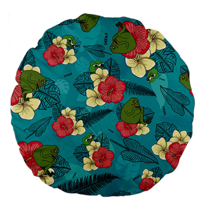 Apu Apustaja and Groyper Pepe The Frog frens Hawaiian Shirt with red Hibiscus on Green background from Kekistan Large 18  Premium Flano Round Cushion 