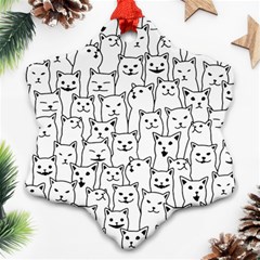 Funny Cat Pattern Organic Style Minimalist On White Background Snowflake Ornament (two Sides) by genx