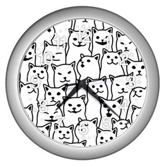 Funny Cat Pattern Organic Style Minimalist On White Background Wall Clock (silver) by genx