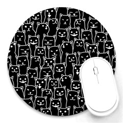 Funny Cat Pattern Organic Style Minimalist On Black Background Round Mousepads by genx