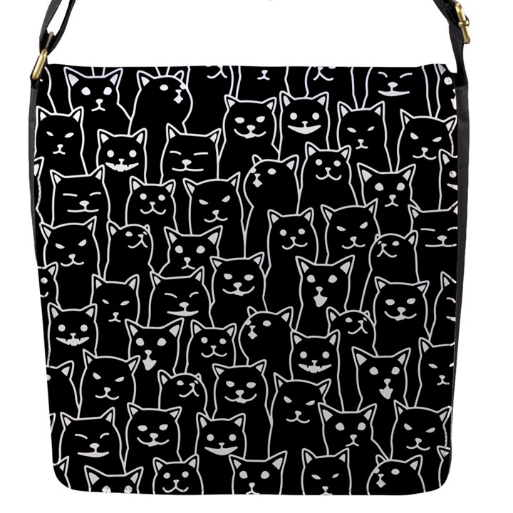 Funny Cat Pattern organic style minimalist on black background Flap Closure Messenger Bag (S)