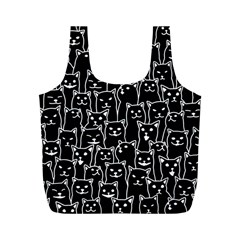 Funny Cat Pattern Organic Style Minimalist On Black Background Full Print Recycle Bag (m) by genx