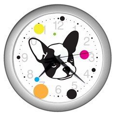 Boston Terrier Dog Pattern With Rainbow And Black Polka Dots Wall Clock (silver) by genx