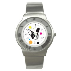 Boston Terrier Dog Pattern With Rainbow And Black Polka Dots Stainless Steel Watch by genx