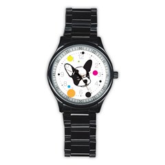 Boston Terrier Dog Pattern With Rainbow And Black Polka Dots Stainless Steel Round Watch by genx