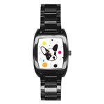 Boston Terrier Dog Pattern with rainbow and black polka dots Stainless Steel Barrel Watch Front