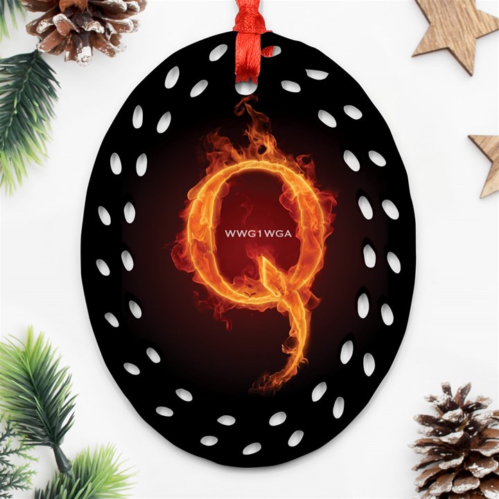 QAnon Letter Q Fire effect WWGOWGA WWG1WGA Oval Filigree Ornament (Two Sides)