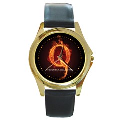 Qanon Letter Q Fire Effect The Great Awakening Wwgowga Wwg1wga Round Gold Metal Watch by snek