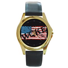 Qanon Grunge Woke Wqke With Usa Flag Wwgowga Wwg1wga Round Gold Metal Watch by snek