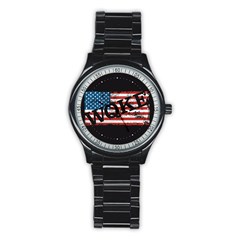 Qanon Grunge Woke Wqke With Usa Flag Wwgowga Wwg1wga Stainless Steel Round Watch by snek