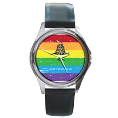 Gadsden Grunge Don t Tread On Me Lgbtq Rainbow Flag Snake Usa Libertarian Round Metal Watch by snek