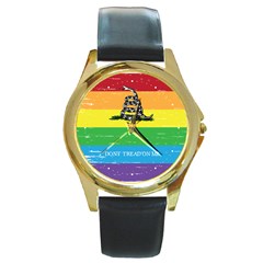 Gadsden Grunge Don t Tread On Me Lgbtq Rainbow Flag Snake Usa Libertarian Round Gold Metal Watch by snek