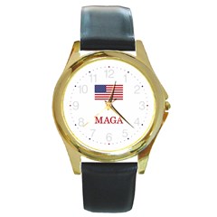 Maga Make America Great Again With Us Flag Trump Round Gold Metal Watch by snek