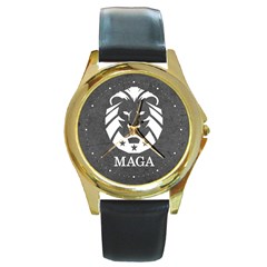 Maga Make America Great Again Trump Lion With Dark Gray Stone Texture Grunge Round Gold Metal Watch by snek