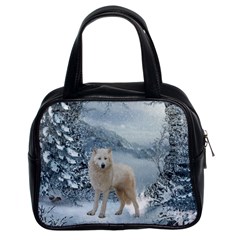 Wonderful Arctic Wolf In The Winter Landscape Classic Handbag (two Sides) by FantasyWorld7