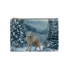 Wonderful Arctic Wolf In The Winter Landscape Cosmetic Bag (medium) by FantasyWorld7