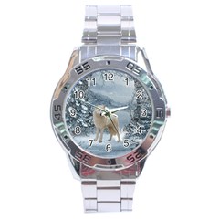 Wonderful Arctic Wolf In The Winter Landscape Stainless Steel Analogue Watch by FantasyWorld7