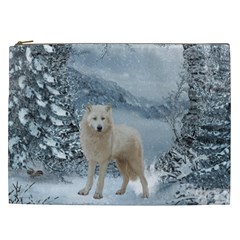 Wonderful Arctic Wolf In The Winter Landscape Cosmetic Bag (xxl) by FantasyWorld7