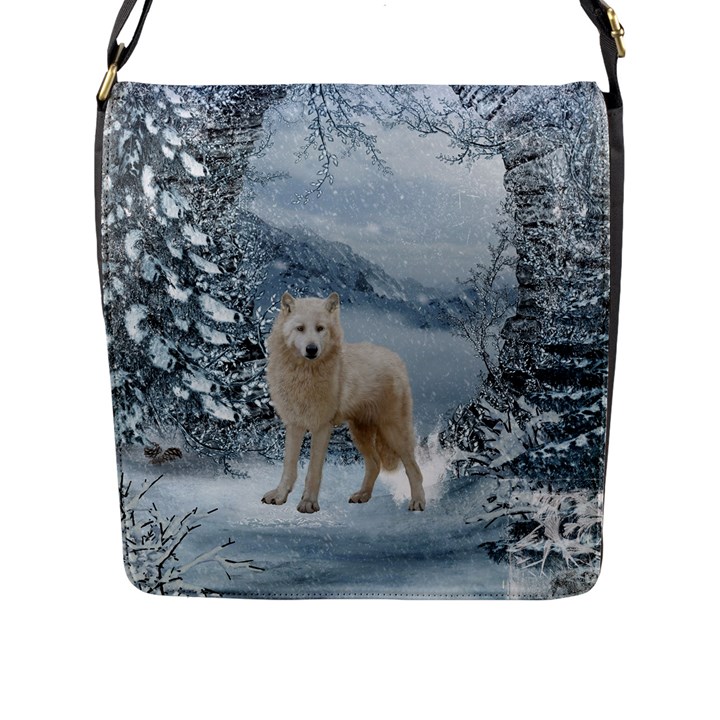 Wonderful Arctic Wolf In The Winter Landscape Flap Closure Messenger Bag (L)