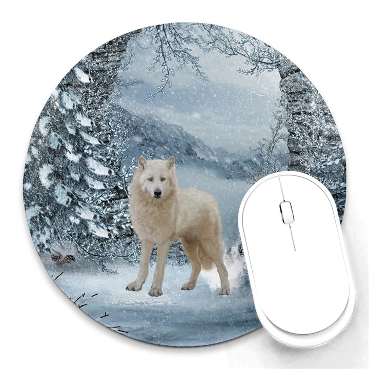 Wonderful Arctic Wolf In The Winter Landscape Round Mousepads