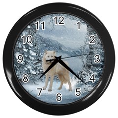 Wonderful Arctic Wolf In The Winter Landscape Wall Clock (black) by FantasyWorld7