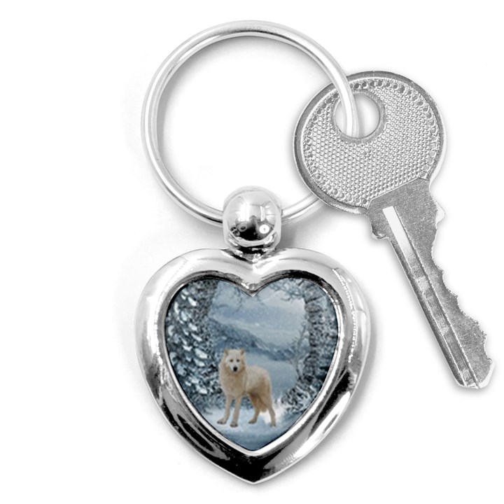 Wonderful Arctic Wolf In The Winter Landscape Key Chains (Heart) 