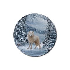 Wonderful Arctic Wolf In The Winter Landscape Rubber Round Coaster (4 Pack)  by FantasyWorld7