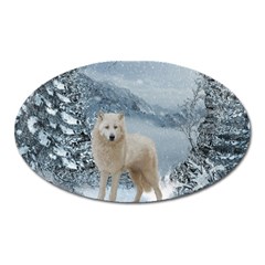 Wonderful Arctic Wolf In The Winter Landscape Oval Magnet by FantasyWorld7