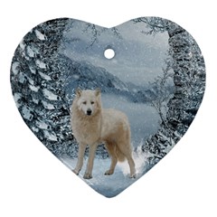 Wonderful Arctic Wolf In The Winter Landscape Heart Ornament (two Sides) by FantasyWorld7