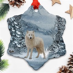 Wonderful Arctic Wolf In The Winter Landscape Ornament (snowflake) by FantasyWorld7