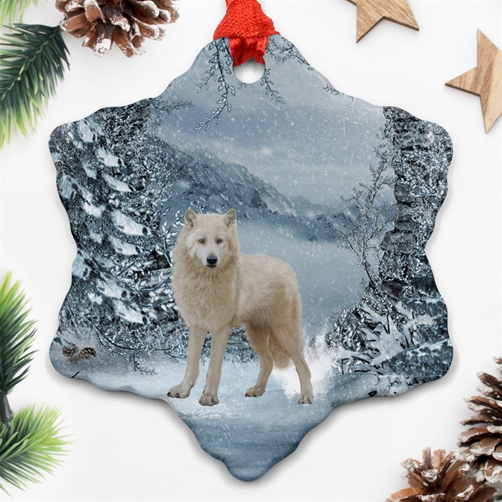 Wonderful Arctic Wolf In The Winter Landscape Ornament (Snowflake)