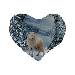 Wonderful Arctic Wolf In The Winter Landscape Standard 16  Premium Heart Shape Cushions by FantasyWorld7