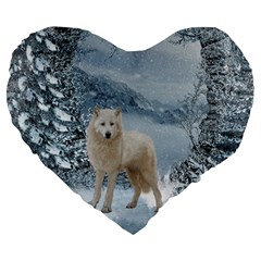 Wonderful Arctic Wolf In The Winter Landscape Large 19  Premium Heart Shape Cushions by FantasyWorld7