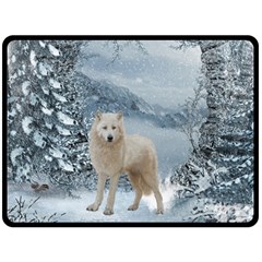 Wonderful Arctic Wolf In The Winter Landscape Double Sided Fleece Blanket (large)  by FantasyWorld7