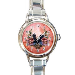 Wonderful Crow With Flowers On Red Vintage Dsign Round Italian Charm Watch by FantasyWorld7