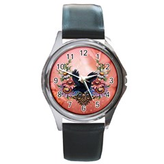 Wonderful Crow With Flowers On Red Vintage Dsign Round Metal Watch by FantasyWorld7