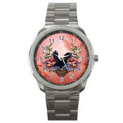 Wonderful Crow With Flowers On Red Vintage Dsign Sport Metal Watch by FantasyWorld7