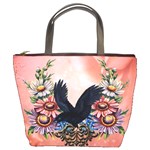 Wonderful Crow With Flowers On Red Vintage Dsign Bucket Bag Front