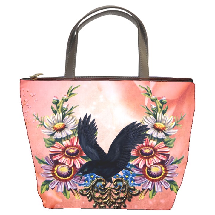 Wonderful Crow With Flowers On Red Vintage Dsign Bucket Bag