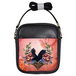 Wonderful Crow With Flowers On Red Vintage Dsign Girls Sling Bag Front