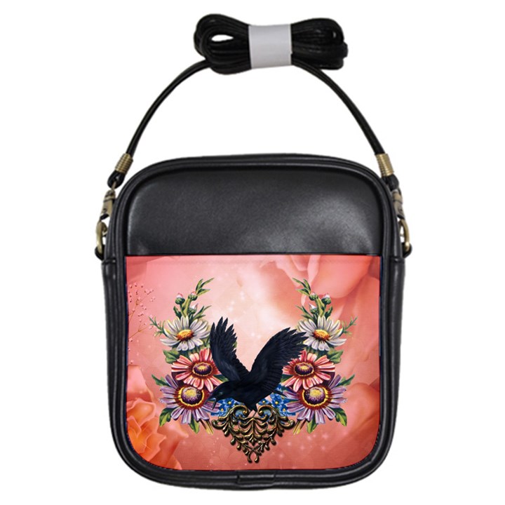 Wonderful Crow With Flowers On Red Vintage Dsign Girls Sling Bag